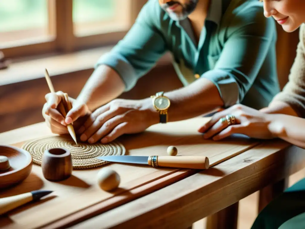 Artesanos colaborativos creando piezas únicas en una cálida escena vintage