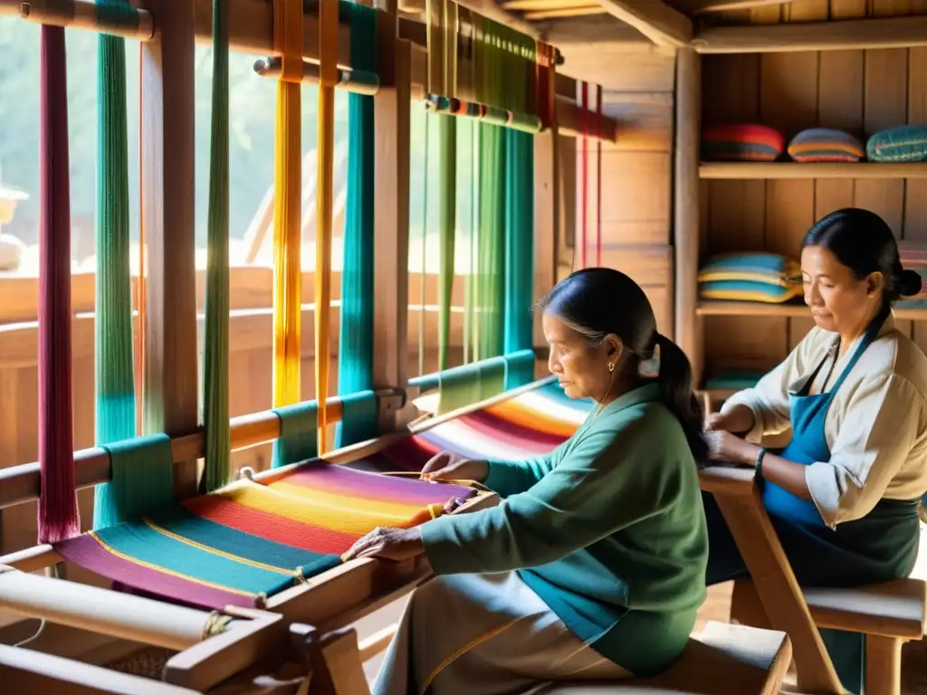 Artesanos tejiendo coloridas textiles en telares de madera en una cooperativa artesanal