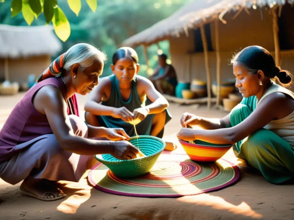Artesanos de comunidad tradicional tejiendo cestas coloridas, mostrando diversificación habilidades comunidades artesanales