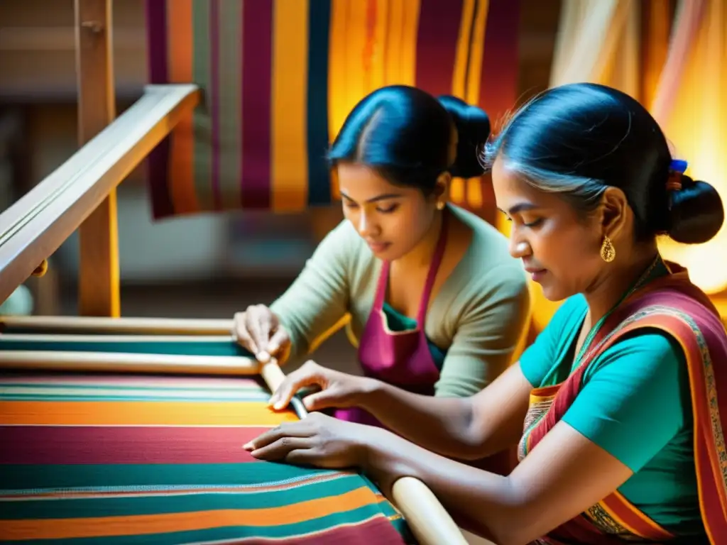 Artesanos trabajando en diseños de artesanía textil tradicional innovadora, destacando la tradición y habilidad