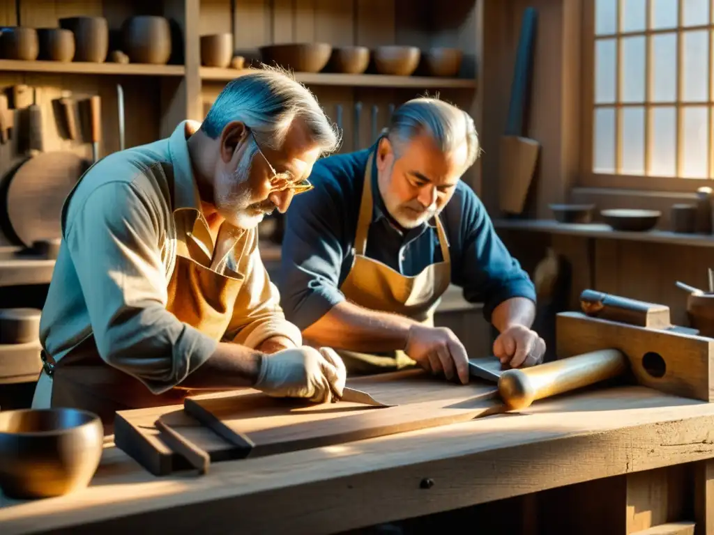 Dos artesanos tallan diseños en madera vintage con herramientas tradicionales al atardecer