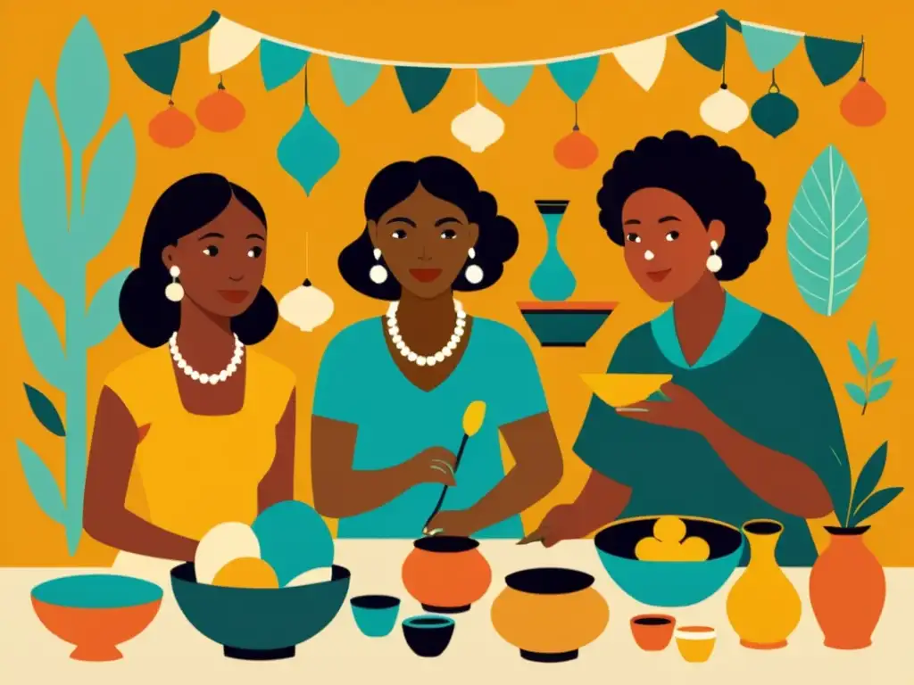 Mercado artesanal: Diversidad, creatividad y colaboración Una ilustración vintage de artesanos diversos en un bullicioso mercado, con textiles vibrantes, cerámica y joyería en exhibición