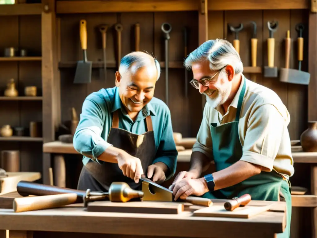 Dos artesanos intercambian habilidades en una cálida y tradicional escena de artesanía