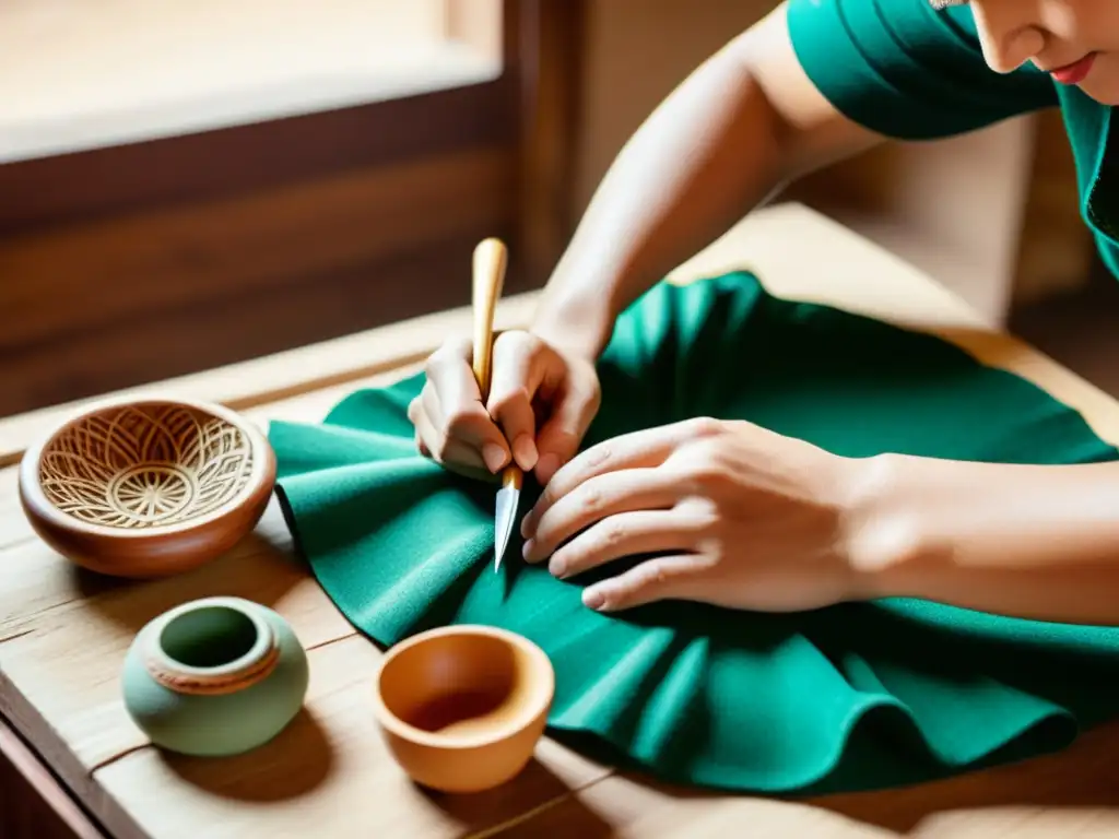 Artesanos trabajando con herramientas tradicionales, creando artesanías detalladas