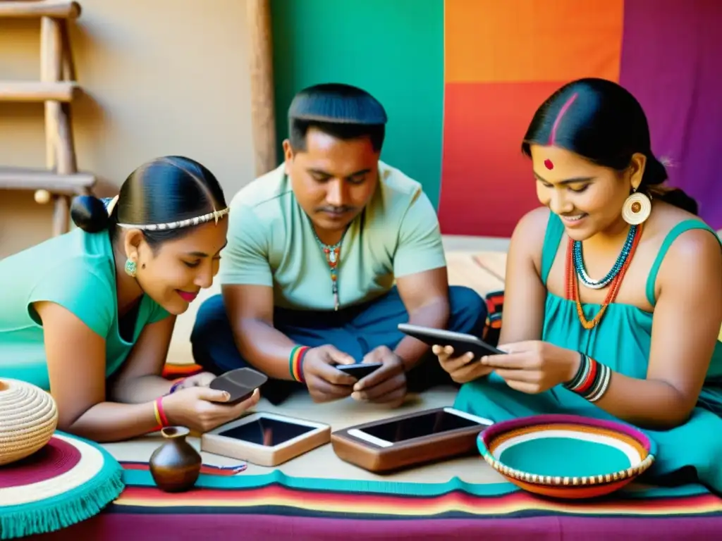 Artesanos indígenas promocionando sus creaciones en redes sociales, uniendo tradición y tecnología en festividades indígenas