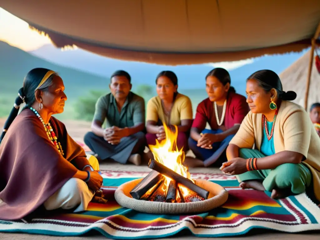 Artesanos indígenas creando manualidades junto al fuego, en un entorno natural exuberante