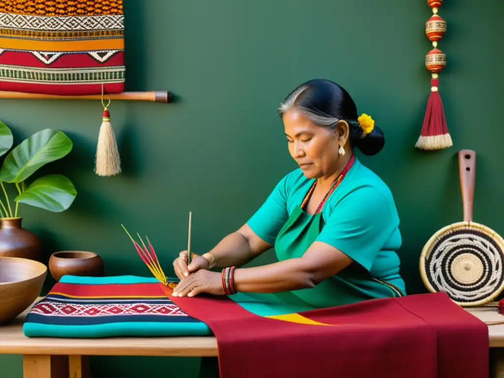 Artesanos indígenas creando textiles con técnicas tradicionales rodeados de naturaleza