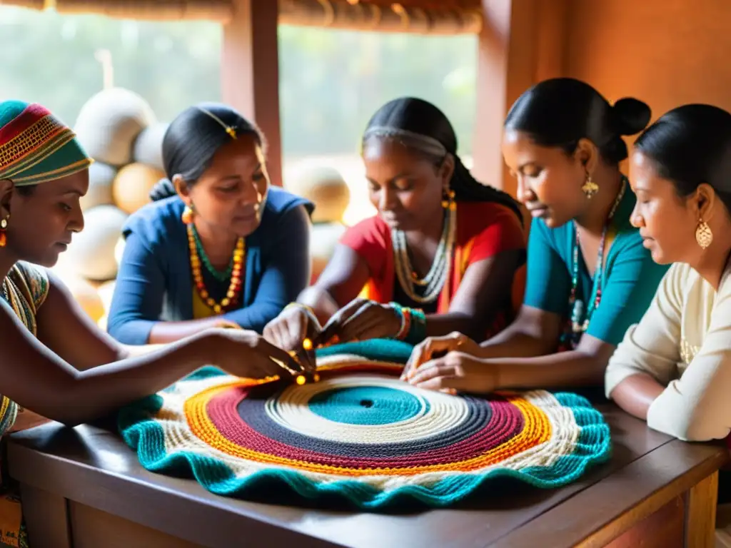 Artesanos creando tejidos en círculo con habilidad y colorido Artesanos creando juntos un hermoso textil en aprendizaje colaborativo en proyectos artesanales