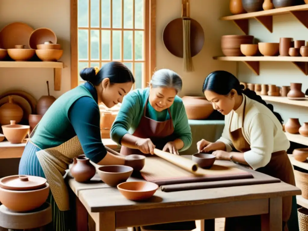 Artesanos trabajando juntos en un taller cálido y acogedor, capturando la esencia de la artesanía