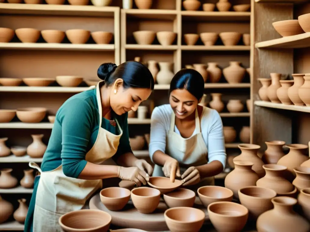 Artesanos trabajando juntos en taller de cerámica, destacando la solidaridad y la artesanía tradicional