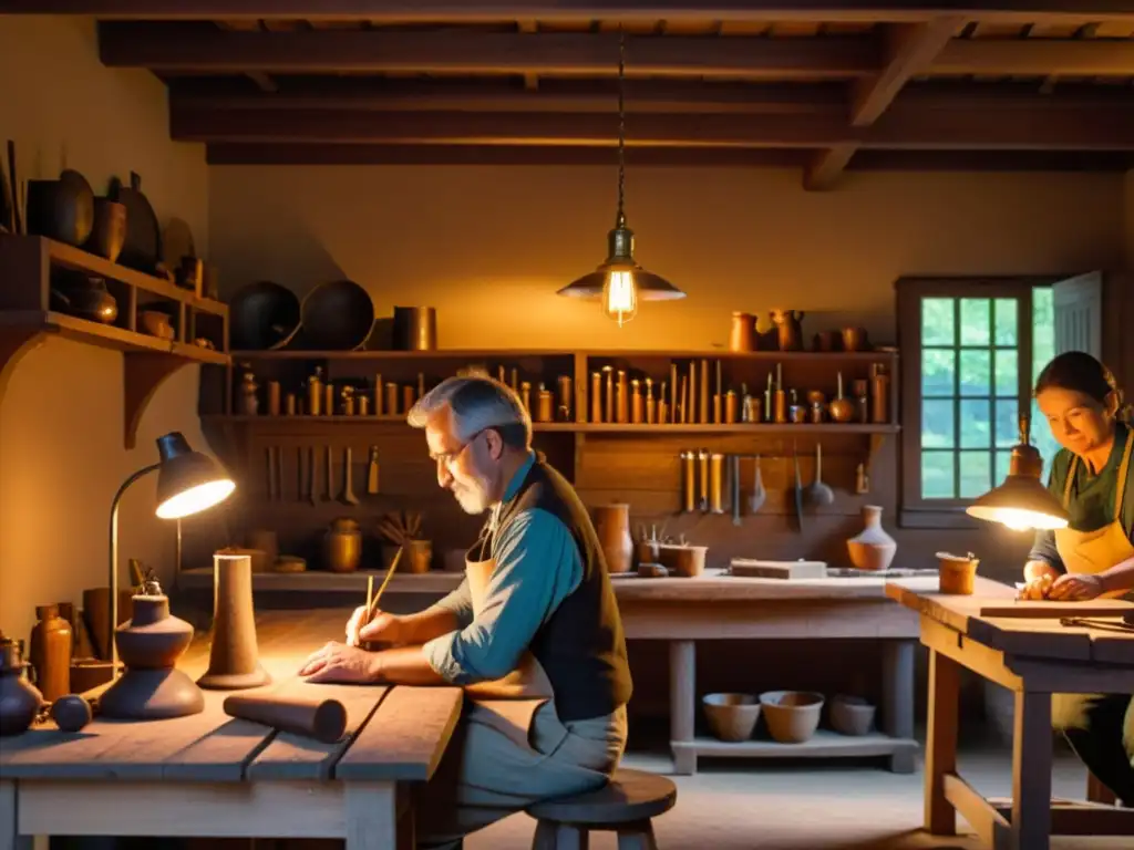 Artesanos preservando el legado con tecnología en taller cálido e iluminado, trabajando con herramientas tradicionales en piezas detalladas