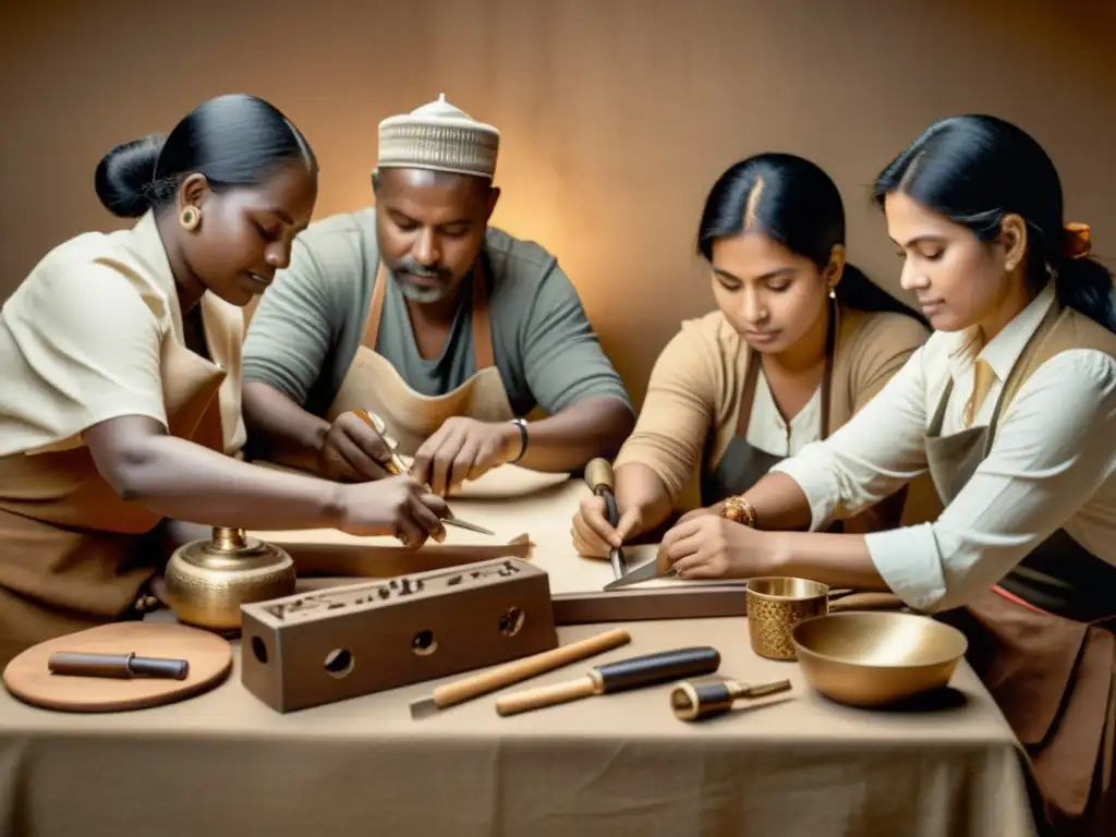 Artesanos de diferentes países trabajan juntos en un proyecto colaborativo, rodeados de herramientas y elementos culturales