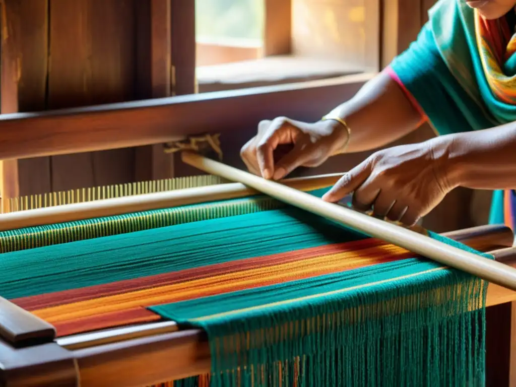 Artesanos tejiendo patrones coloridos en telares de madera, evocando la tradición y el impacto social del tejido artesanal