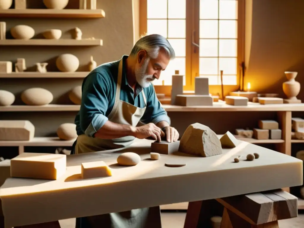 Artesanos tallando piedra en un taller vintage, mostrando el aprendizaje y la precisión en la era digital