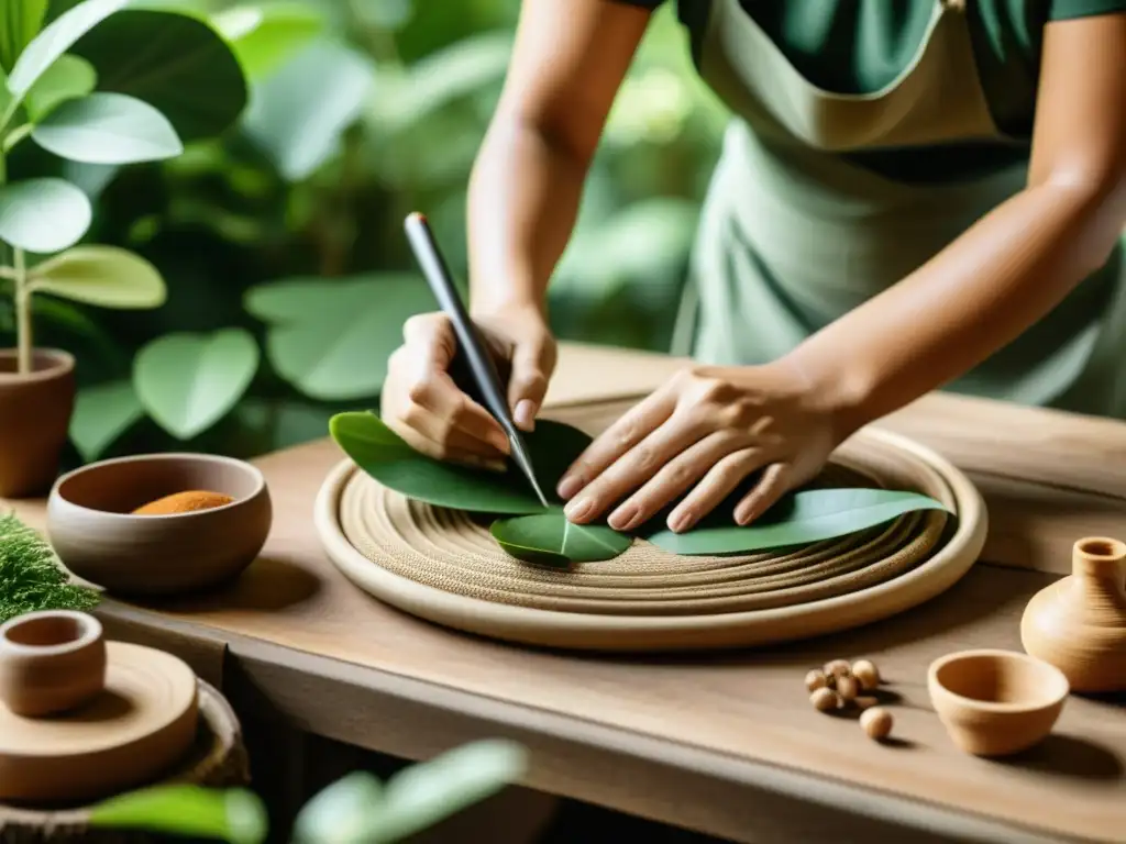 Artesanos creando productos a mano con materiales naturales, rodeados de vegetación, evocando la producción artesanal que beneficia al medio ambiente