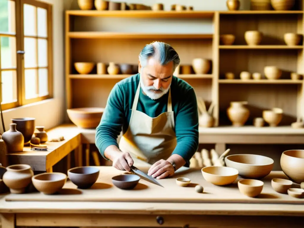 Artesanos creando productos a mano en un taller tradicional, con luz natural cálida y materiales sostenibles