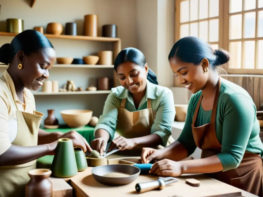 Artesanos transformando residuos en materiales artesanales en una atmósfera cálida y creativa