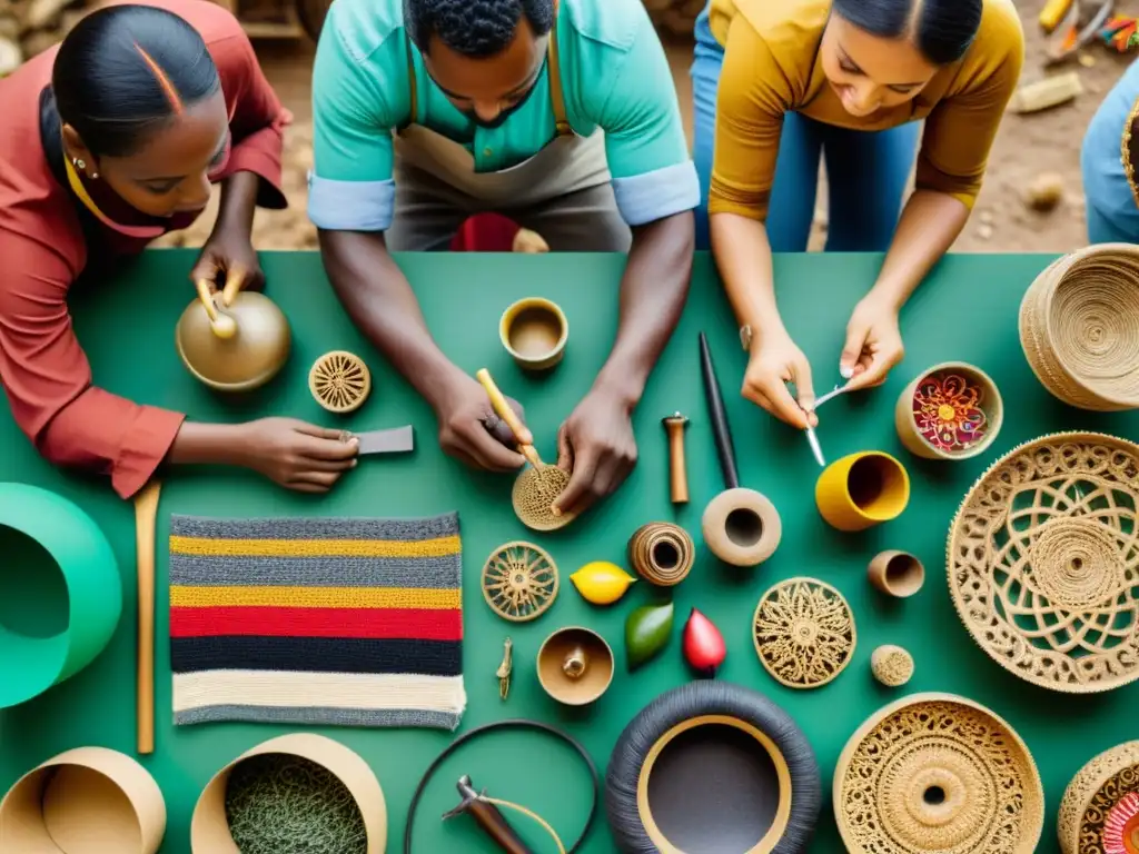 Artesanos transformando residuos en materiales artesanales, rodeados de coloridas creaciones hechas a mano y herramientas