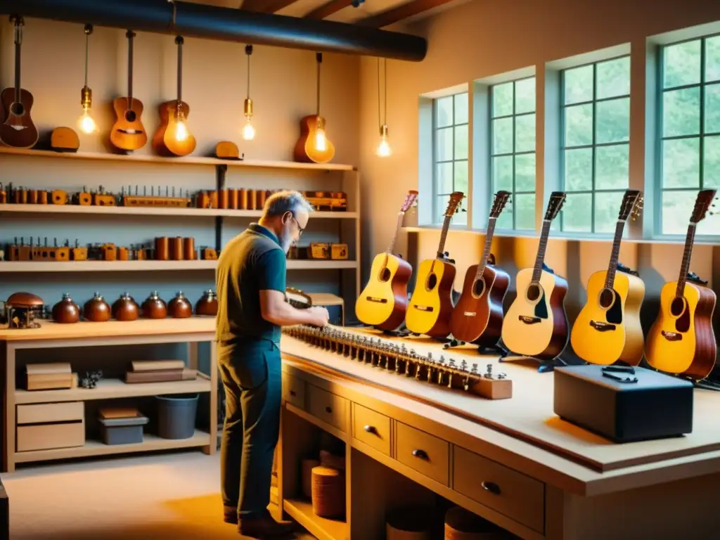 Artesanos y robótica en la construcción de instrumentos musicales, fusionando tradición e innovación con estética vintage