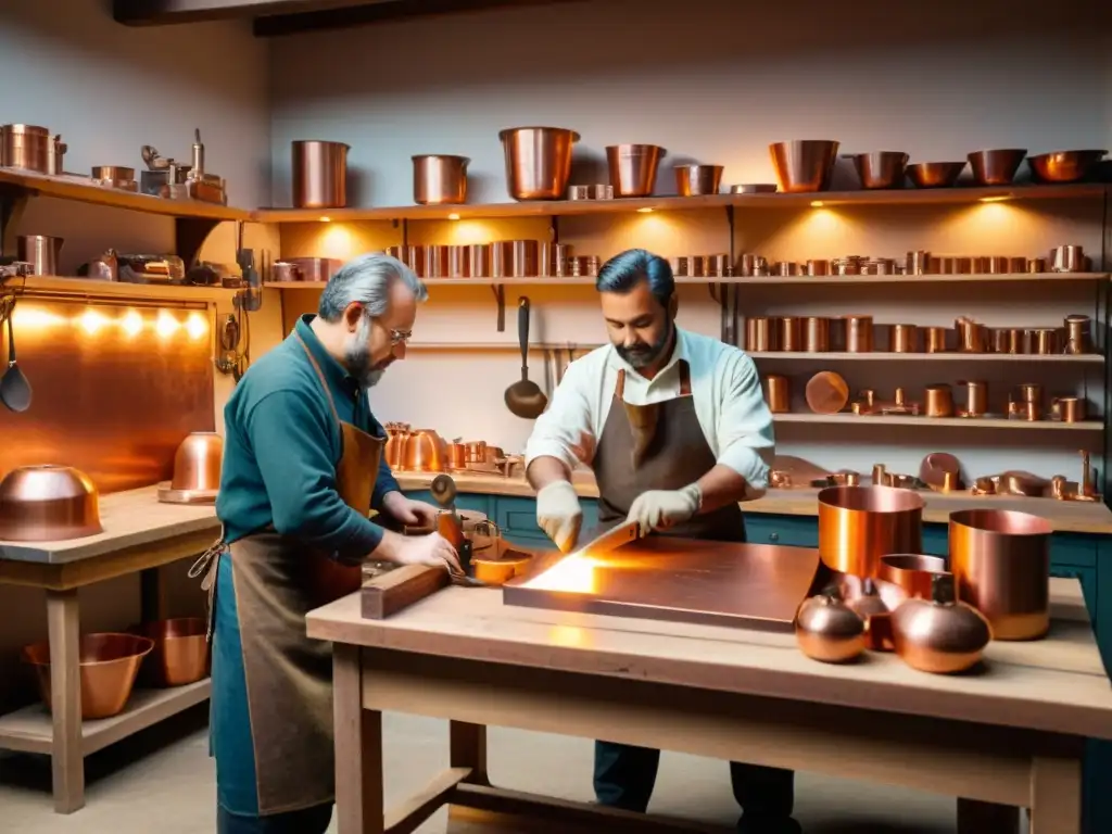 Artesanos en taller de cobre, fusionando técnicas tradicionales con innovación digital