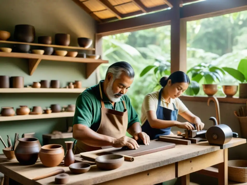 Artesanos trabajando en taller rústico, rodeados de vegetación, usando técnicas tradicionales para crear productos ecológicos