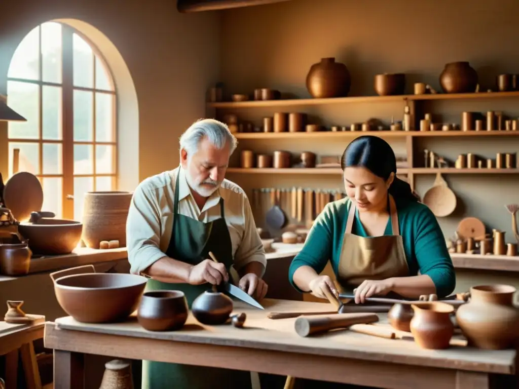 Artesanos colaborando en un taller soleado, rodeados de herramientas tradicionales