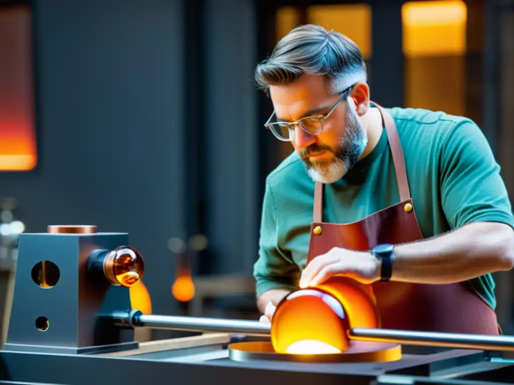 Artesanos en taller de soplado de vidrio vintage fusionando técnicas tradicionales con tecnología láser moderna