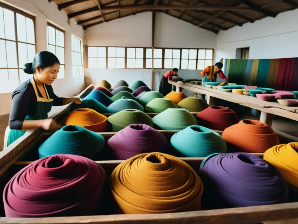 Artesanos en taller textil, tiñen telas con tintes naturales, fusionando tradición y tecnología