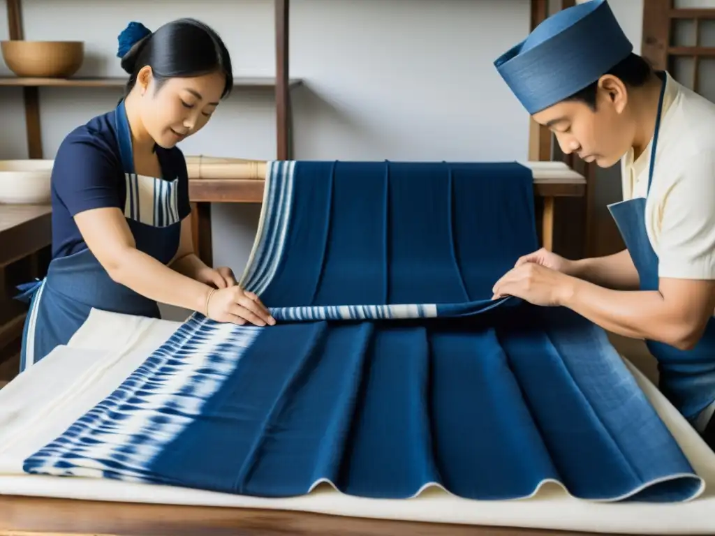 Artesanos realizando la técnica ancestral Shibori en un taller de tintura, con telas blancas sumergidas en tinte índigo