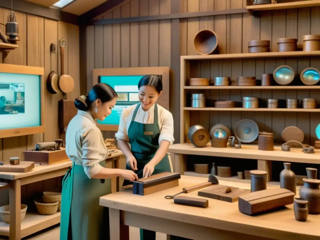 Artesanos practican técnicas de conservación con realidad aumentada en taller vintage de madera y herramientas tradicionales