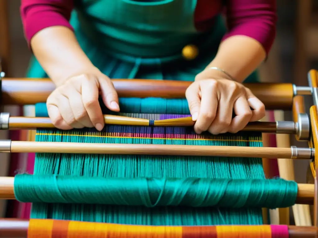 Artesanos tejiendo textiles reciclados con técnicas tradicionales, fusionando arte reciclado con conciencia social