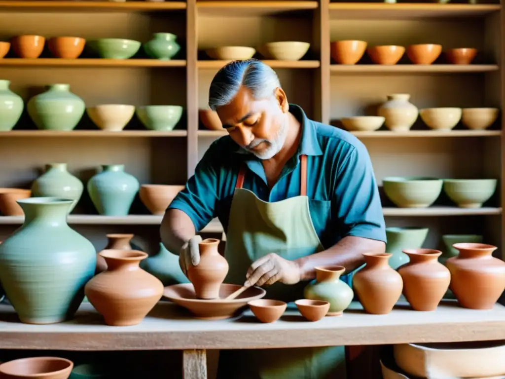 Artesanos preservando la tradición al crear cerámica, inmersos en su oficio en un taller iluminado por luz natural