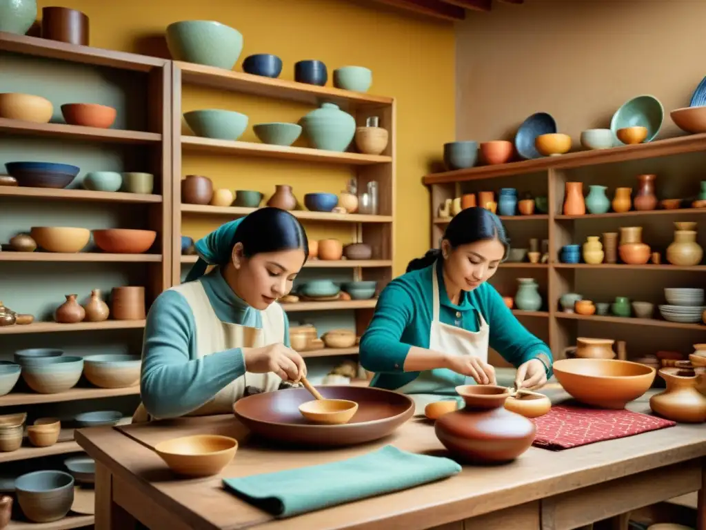 Artífices creando artesanías tradicionales alrededor de una mesa de madera