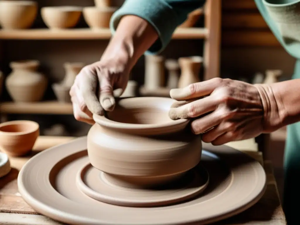 Un artista moldea arcilla en un torno, rodeado de herramientas y cerámica, evocando la artesanía