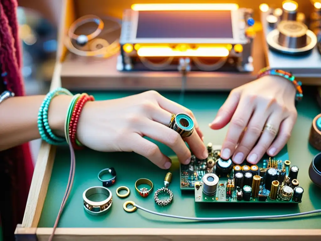 Un artista crea arte artesanal con componentes electrónicos reciclados en un taller bohemio y acogedor, con detalles nostálgicos y cálida iluminación