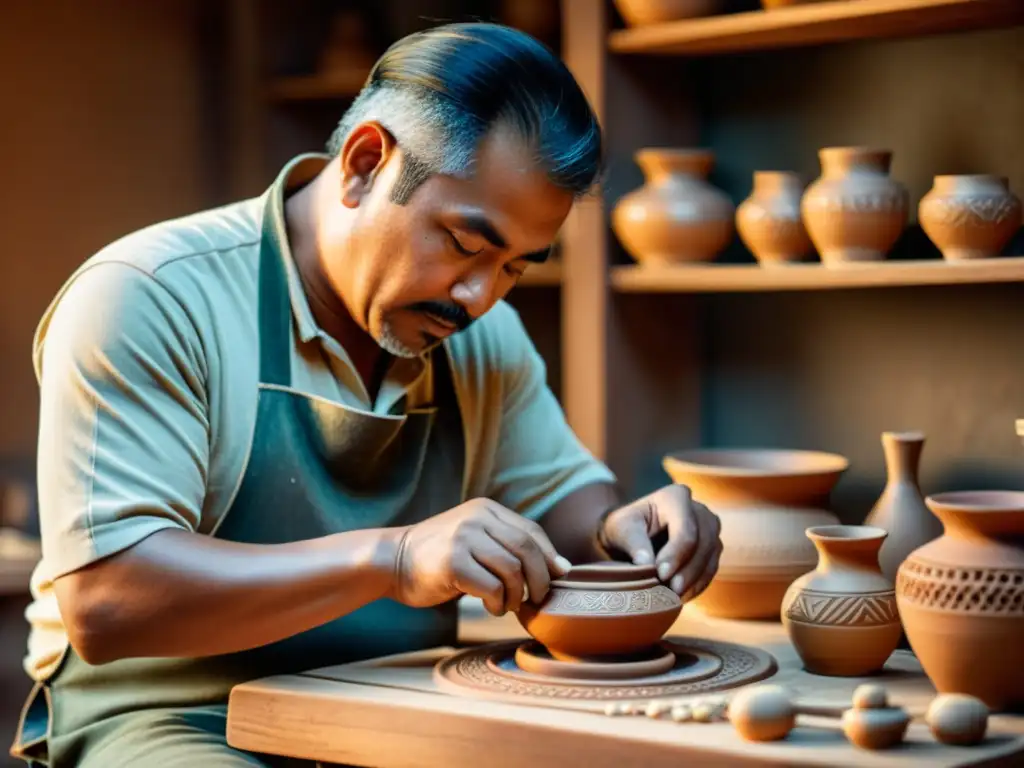 Artista tallando artesanía tradicional en la era digital con precisión y pasión en banco de madera, iluminado cálidamente