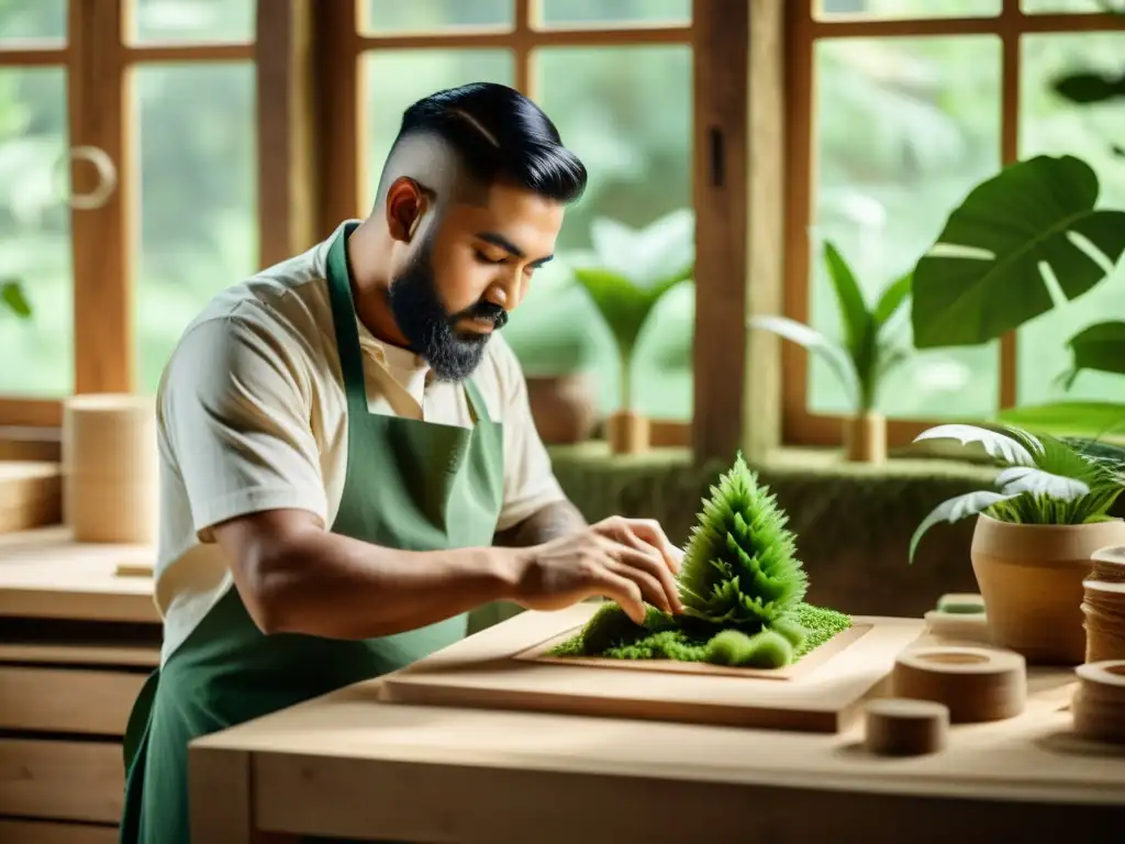 Artista crea bioartesanía con impresión 3D sostenible, rodeado de naturaleza y luz natural en un taller rústico