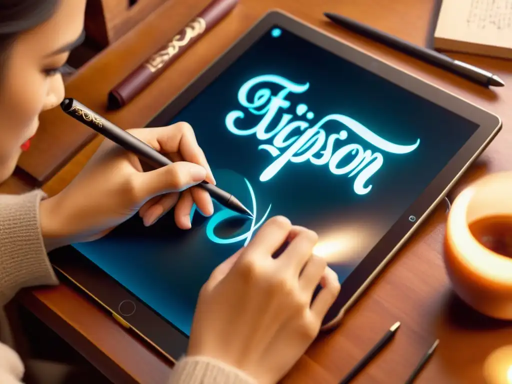 Un artista de caligrafía clásica utiliza recursos digitales para crear elegantes letras en una tableta, fusionando tradición y modernidad