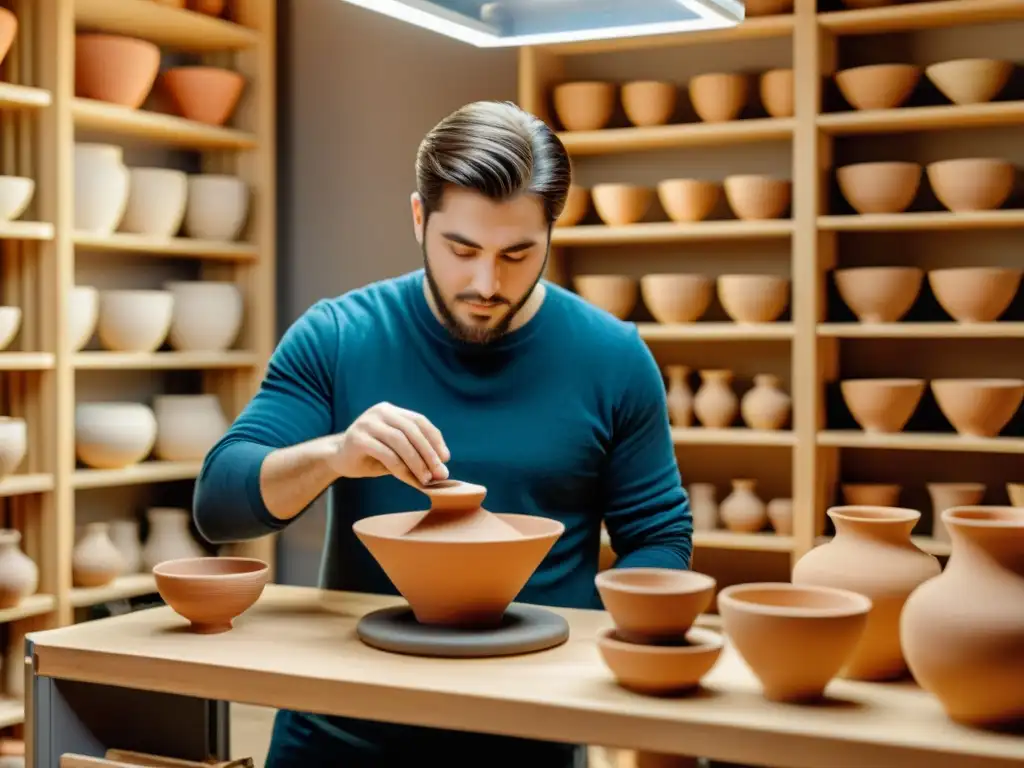 Artista restaurando cerámica antigua con impresora 3D, fusionando tradición y tecnología