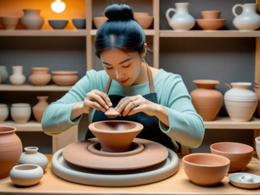 Artista moldea cerámica en taller virtual, fusionando artesanía tradicional con innovación digital