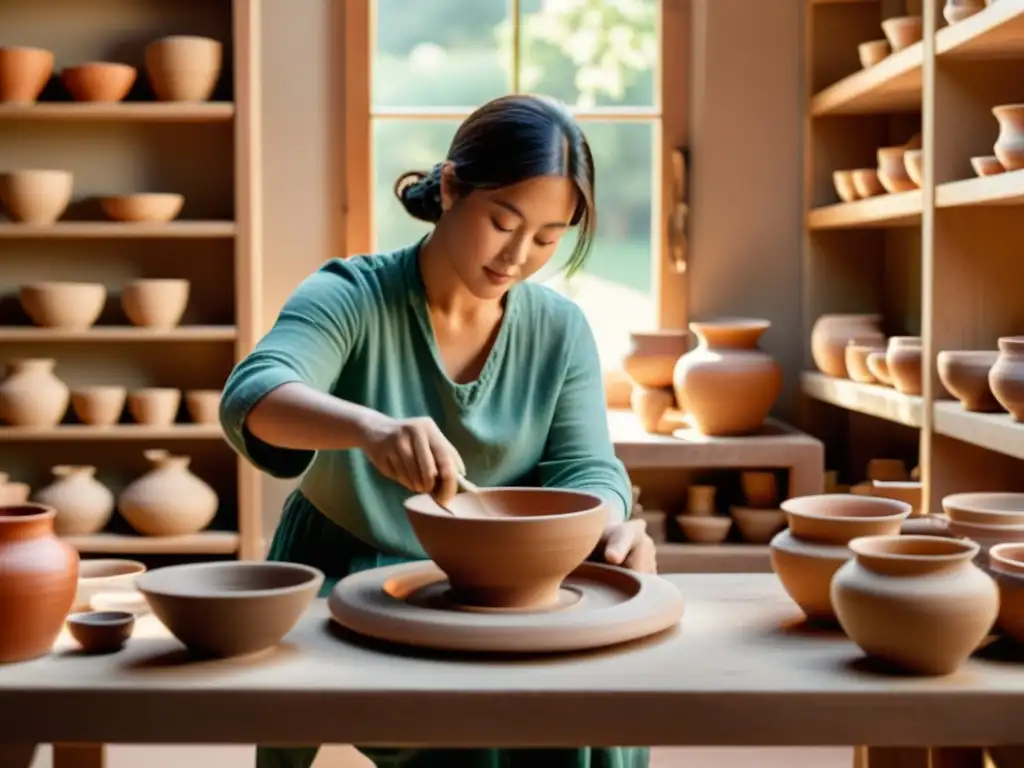 Artista de la cerámica tradicional moldeando un delicado tazón en un taller soleado