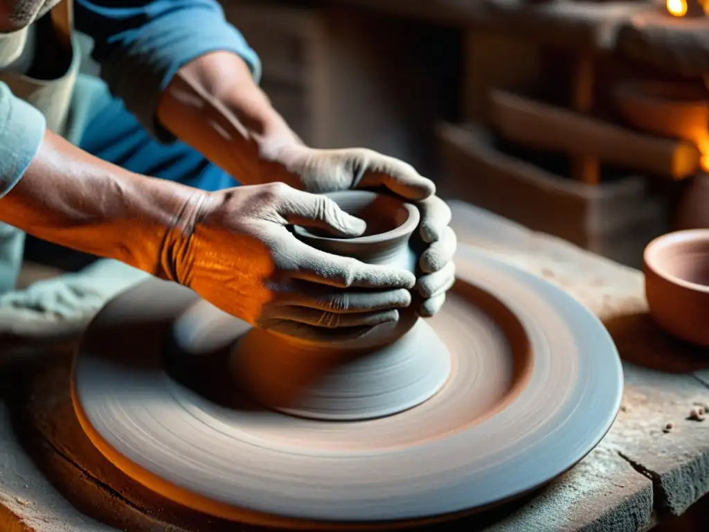 Artista crea cerámica tradicional en taller rústico, iluminado por el cálido brillo del horno