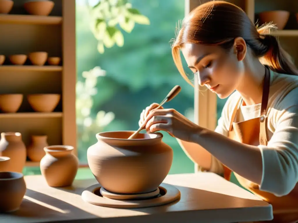 Un artista ceramista trabaja con arcilla en su estudio soleado, creando piezas de cerámica