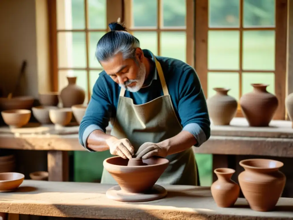 Artista ceramista moldeando arcilla en taller rústico, evocando herencia y tradición artesanal