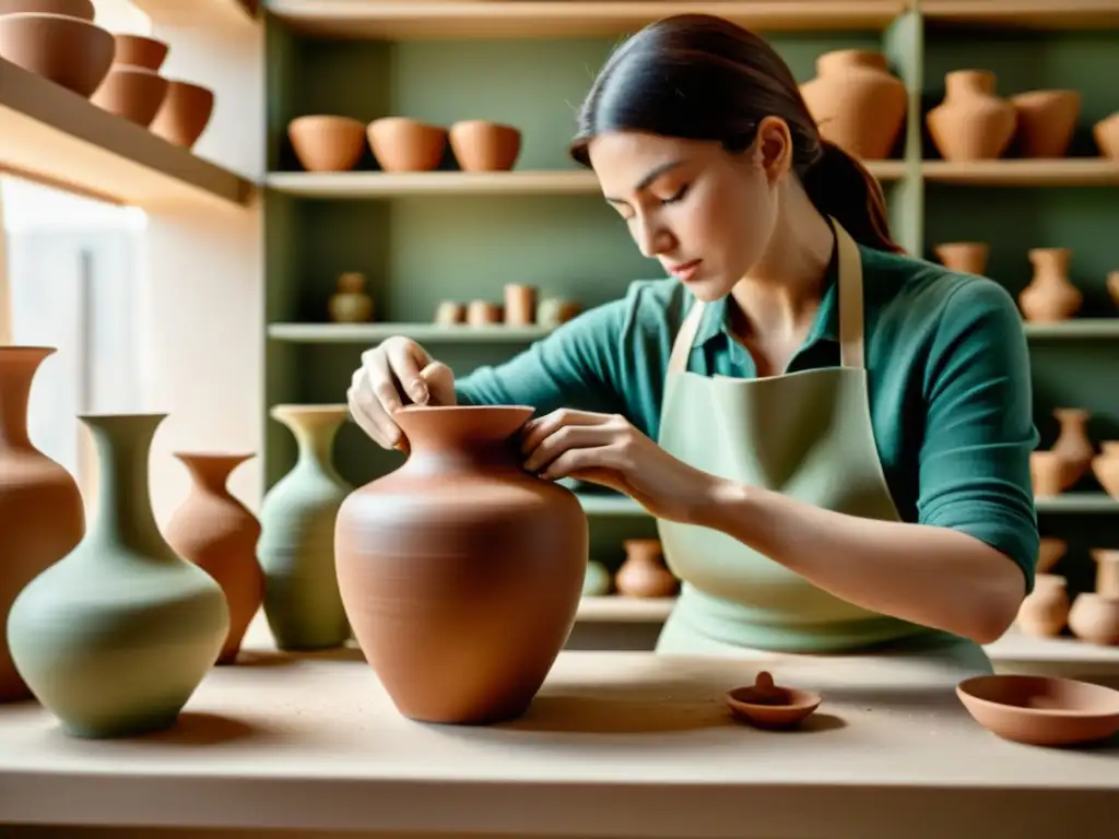 Artista ceramista practicando la cerámica consciente con luz natural y piezas ecológicas en su taller