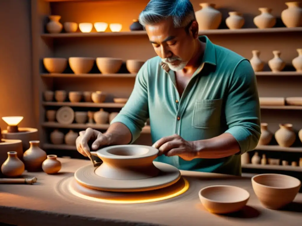 Artista ceramista usando una rueda de alfarería, rodeado de herramientas tradicionales y una tableta mostrando datos de sensor