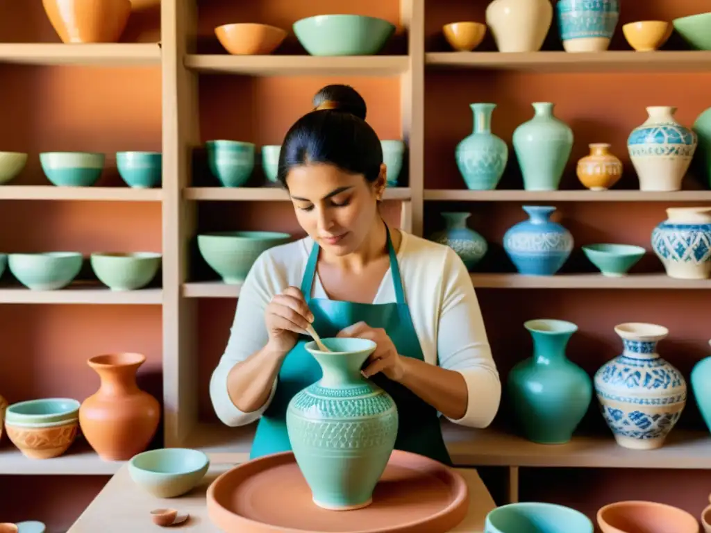 Un artista ceramista tradicional pintando a mano diseños en una vasija vibrante, rodeado de coloridas cerámicas