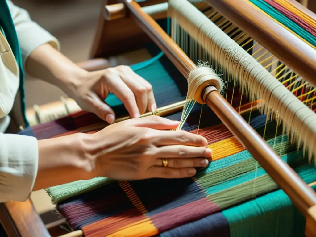 Artista teje con destreza hilos en telar de madera, fusionando artesanía tradicional e innovación digital