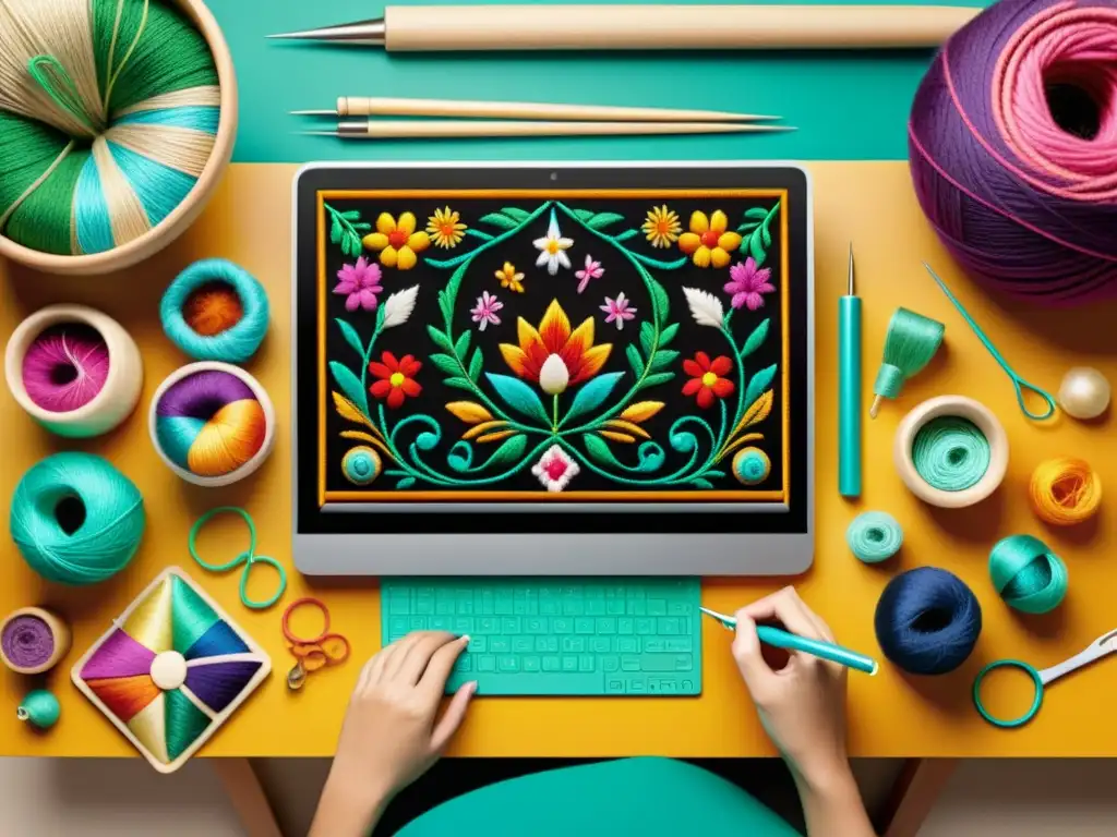 Un artista digital revive tradiciones artesanales mexicanas con una ilustración detallada y vibrante, rodeado de herramientas de artesanía tradicional