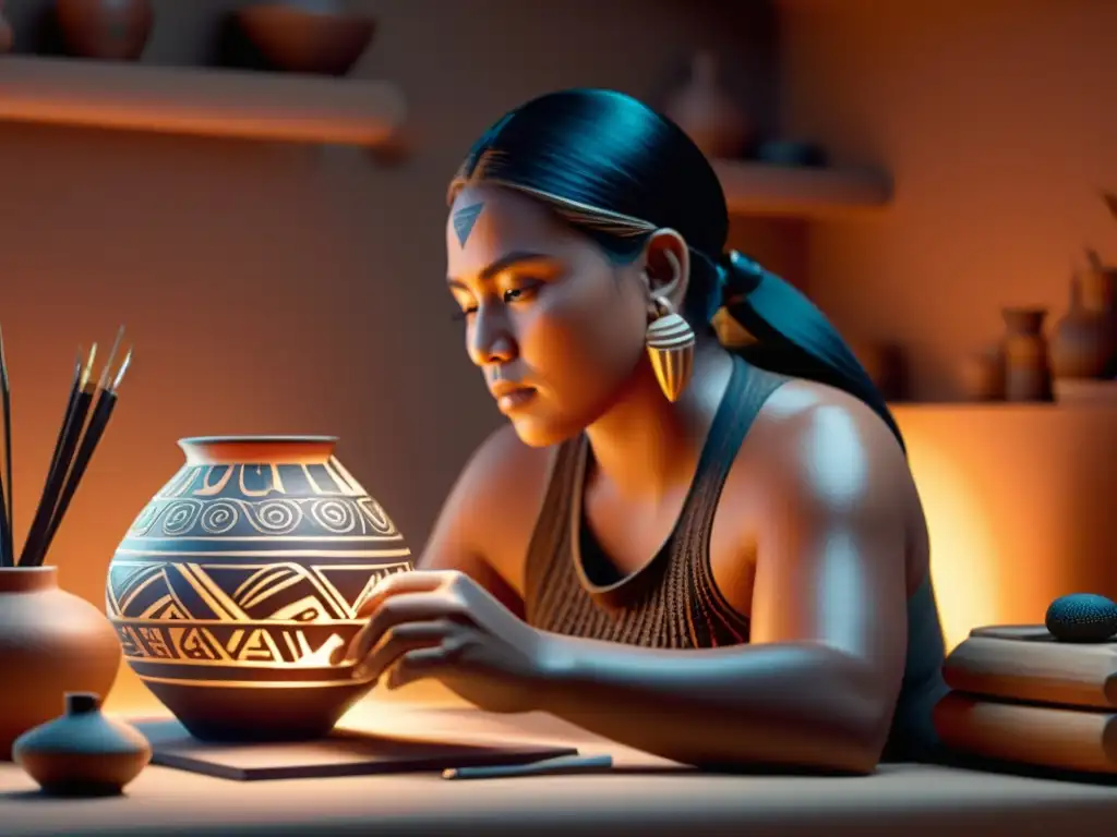 Artista digital revive tradiciones artesanales con escultura digital de cerámica indígena en estudio acogedor iluminado por pantalla brillante